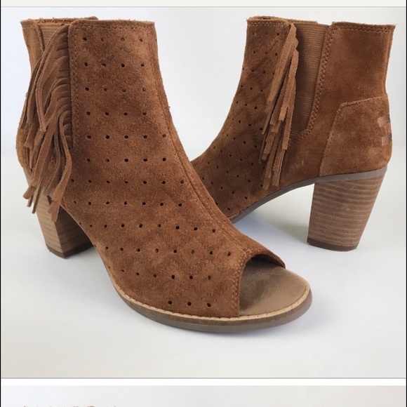 Toms Majorca Perforated Suede Peep Toe Fringe Ankle Booties Size 6.5 - Picture 1 of 2